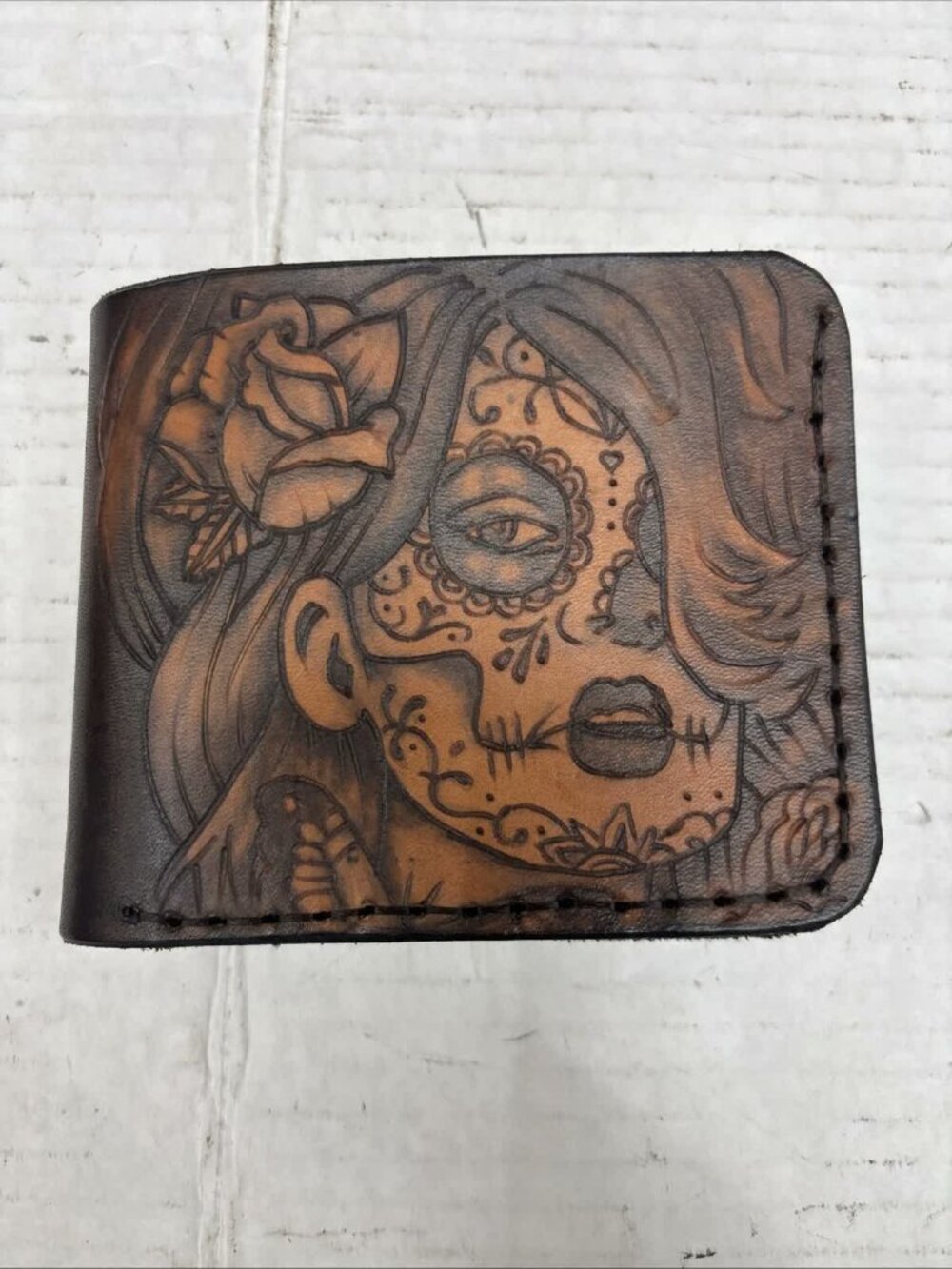 Hand Tooled Real Leather Wallet Sugar Skull La Catrina Day of the Dead Bifold